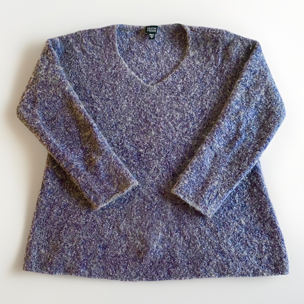 Eileen Fisher Italian Yarn Mohair Wool Bouclé V-Neck Sweater Large Purple Luxe